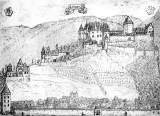 Die Sayner Burgen vor der Zeratrung. Rekonstruktionszeichnung von Alexander Graf von Hachenburg 