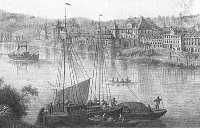 Der Bildausschnitt eines Aquarells von Franz Reichsgraf von Kesselstatt zeigt eine Ansicht von Koblenz vom rechten Rheinufer aus mit Blick auf das kurfrstliche Schlo und die Koblenzer Stadtsilhouette. Im Vordergrund des Bildes sind Lastschiffe und kleinere Khne gezeigt, dahinter die fliegende Schiffsbrcke.  (1817)