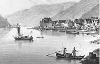 Der Bildausschnitt einer Tuschezeichnung von Jakob Bachta zeigt eine typische Rheinansicht mit Blick auf den Ort Assmanshausen. Im Hintergrund liegt Trechtingshausen. Ein  Lastschiff und kleine Khne vervollstndigen das Ensamble (1825/29)